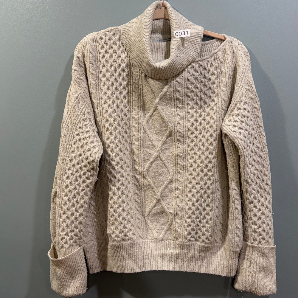 Sofia Jeans by Sofia Vergara Beige Cable Knit Cold Shoulder Sequin Sweater L